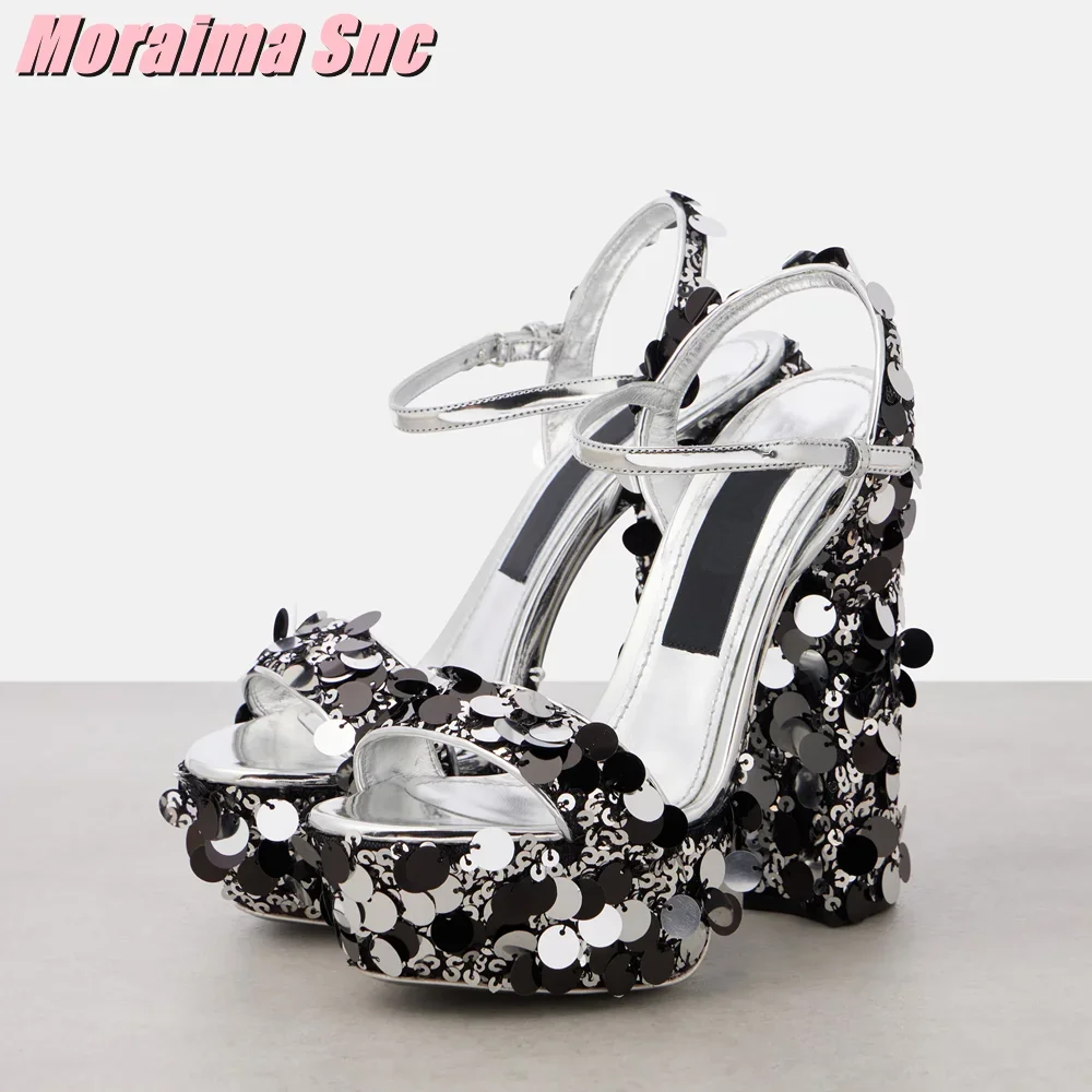Summer Clothing Stores - Sequined Bling Platform Sandals Block High